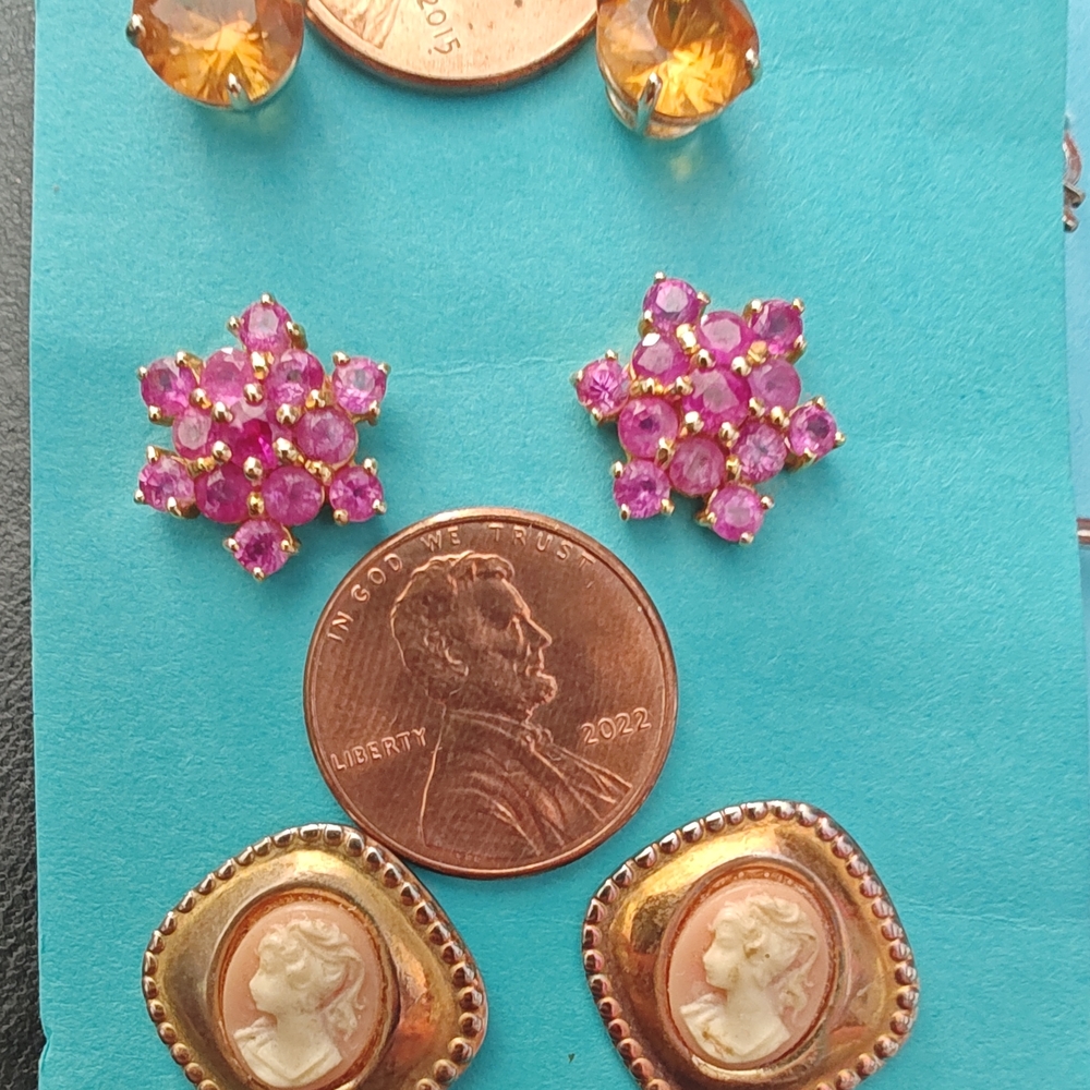 3 Pairs Gold-tone Faux-Pink Sapphire And Citrine Stud Earrings